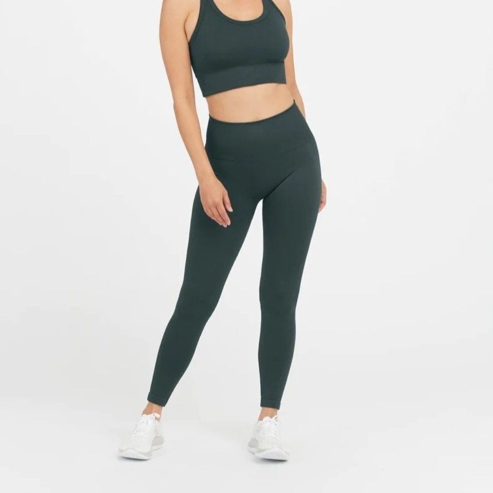 SPANX Seamless Sculpt Chevron Ribbed‎ Leggings in Dark Emerald XS